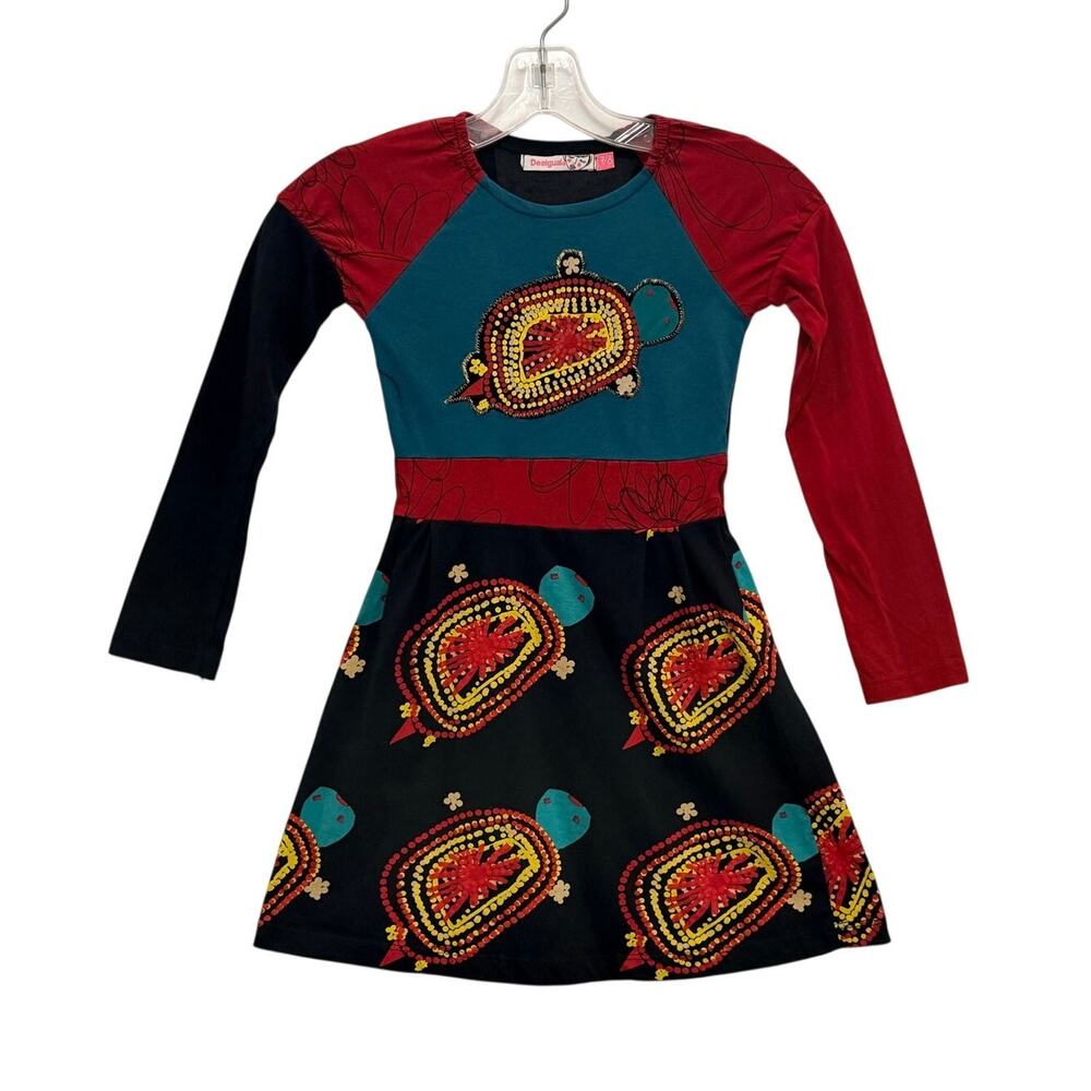 Desigual Long Sleeve Turtle Dress Red Blue Black Girls 7 8